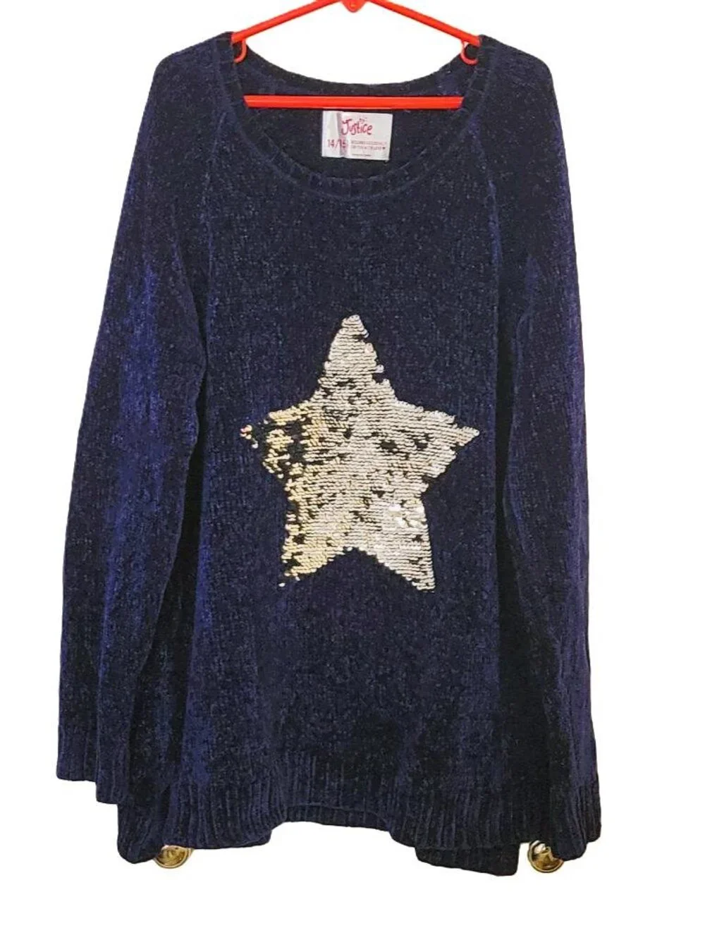 Justice Girls Flip Sequin Chenille Sweater Navy Blue Size 14/16